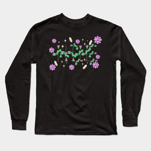 Hoe blue roses on stems with gems and purple flowers black bg 2 Long Sleeve T-Shirt by VantaTheArtist